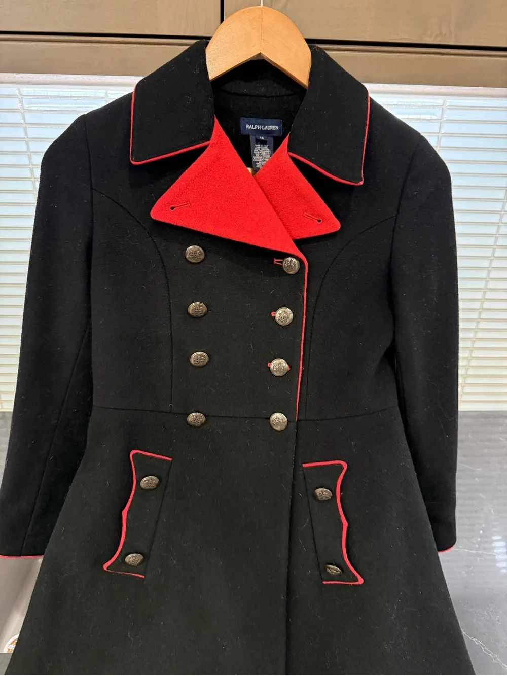 Ralph Lauren Beautiful Double Lined Wool Coat - Black with Red Trim Accents